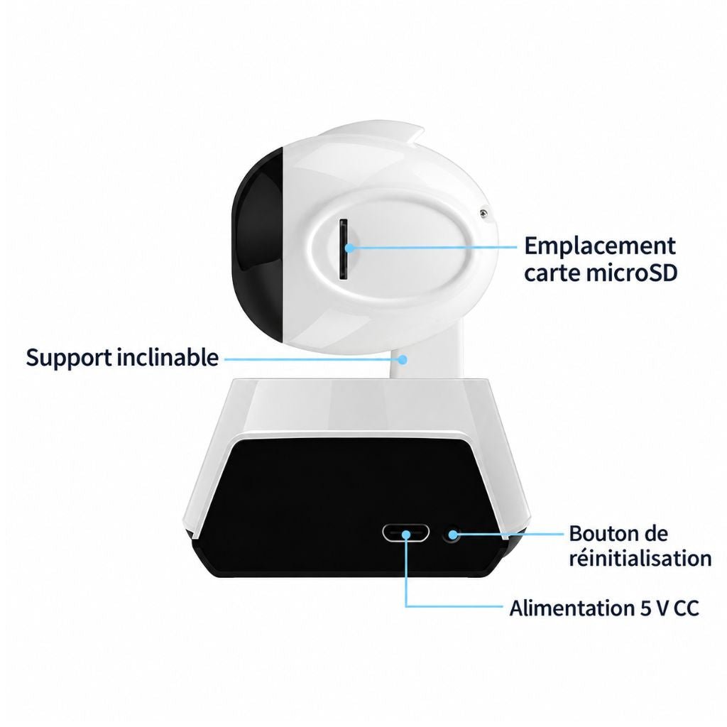Dos de la caméra bébé wifi avec emplacement carte micro SD et alimentation