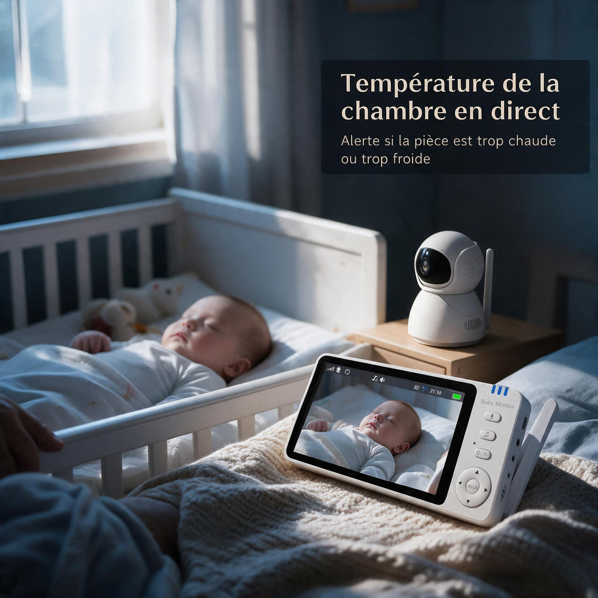 Caméra bébé affichant la température de la chambre pendant la nuit