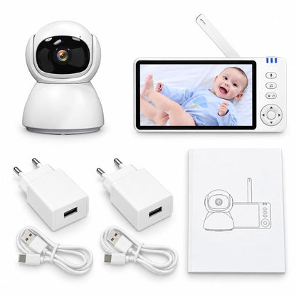 Contenu du colis du babyphone : caméra, écran, deux chargeurs prise européenne et notice
