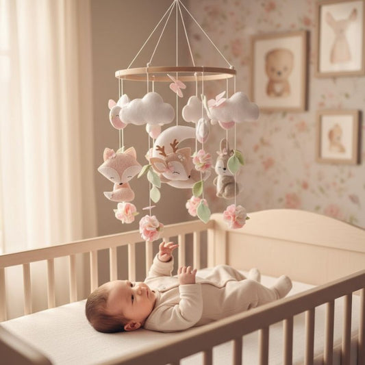 mobile musical bébé fille au dessus d'un berceau avec un enfant couché, essayant d'attraper les figurine en feutrine