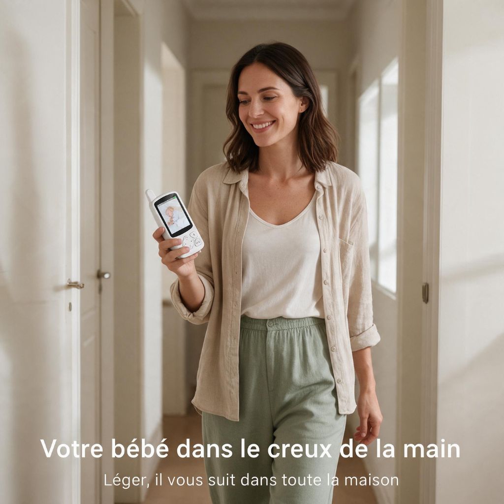 Maman qui marche dans la maison avec le babyphone portable en main