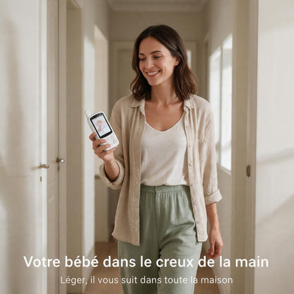 Maman qui marche dans la maison avec le babyphone portable en main