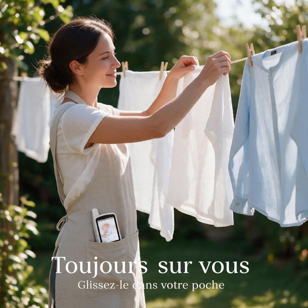 Babyphone portable glissé dans la poche du tablier pendant que maman étend le linge