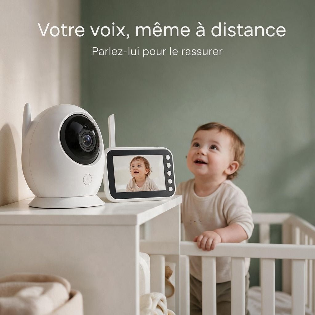 Babyphone vidéo avec écoute bidirectionnelle : bébé qui entend la voix de ses parents