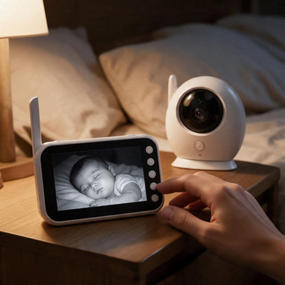 Écran du babyphone vidéo sur la table de chevet, bébé qui dort en vision nocturne