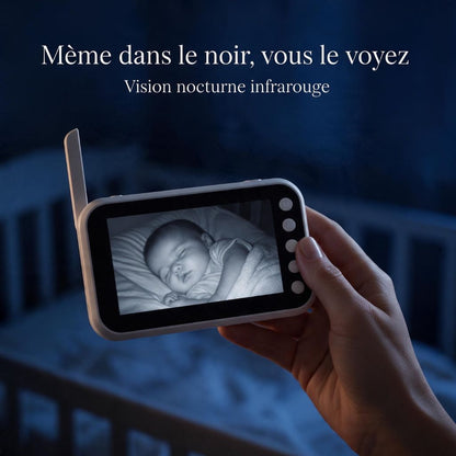 Babyphone vidéo Prunelle : écran 4,3 pouces en vision nocturne, bébé endormi dans le noir