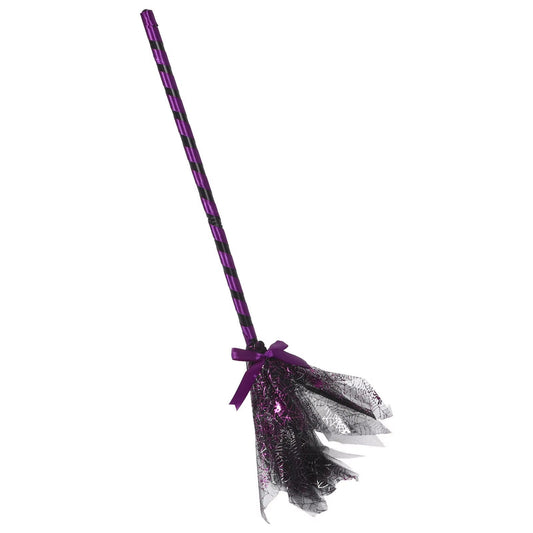Balai de sorcière à manche rayé violet et noir, tulle toile d'araignée et nœud en satin violet