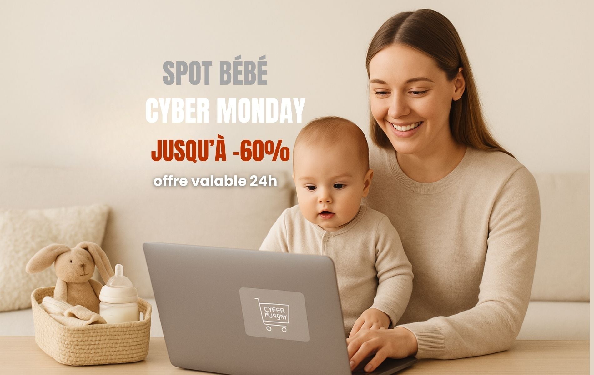 bannière Cyber Monday Spot Bébé avec maman et bébé magasinant en ligne pour profiter des offres
