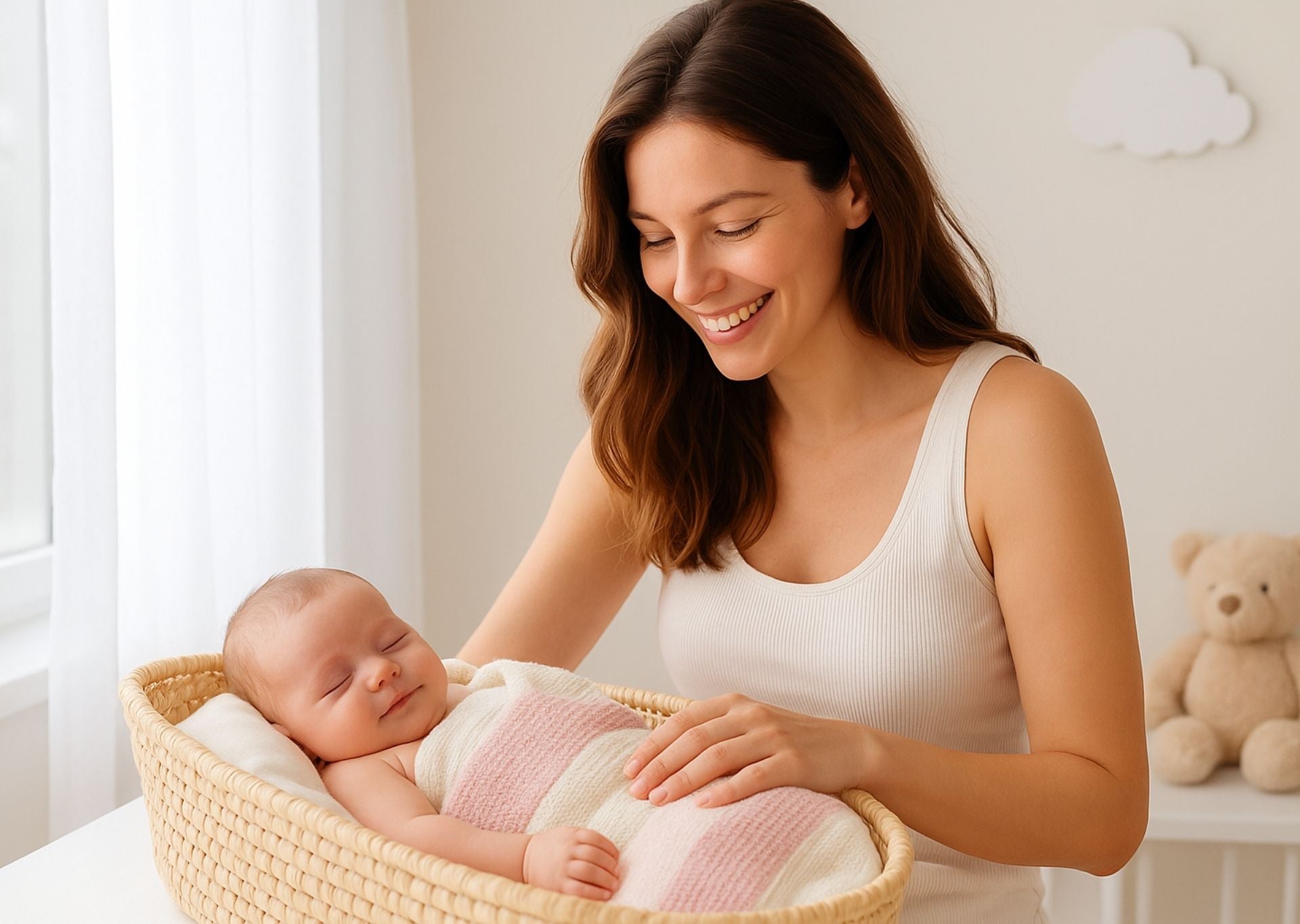 Bannière Shopify professionnelle avec une maman souriante regardant son bébé endormi dans un couffin