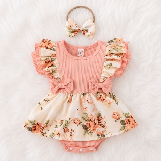 Barboteuse bébé fille robe florale 3 coloris rouge rose et vert avec bandeau