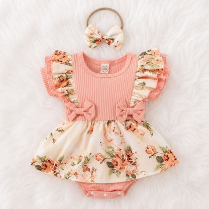 Barboteuse bébé fille robe florale 3 coloris rouge rose et vert avec bandeau