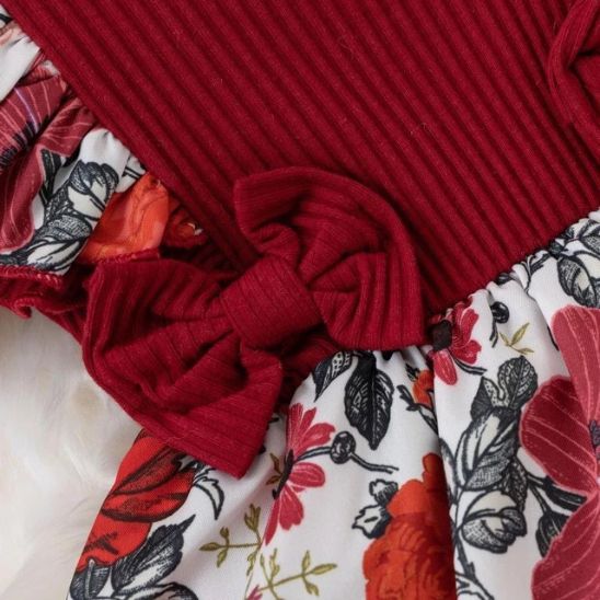 Barboteuse bébé fille robe florale rouge détail noeud central et jupe florale