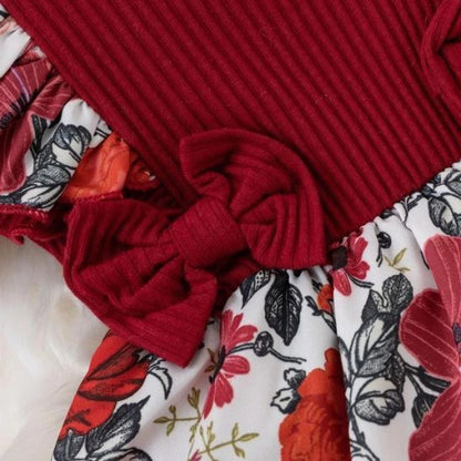 Barboteuse bébé fille robe florale rouge détail noeud central et jupe florale