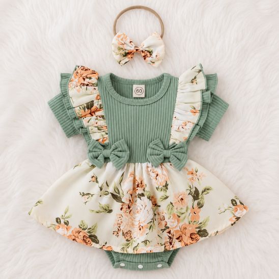 Barboteuse bébé fille robe florale vert avec bandeau assorti vue complète