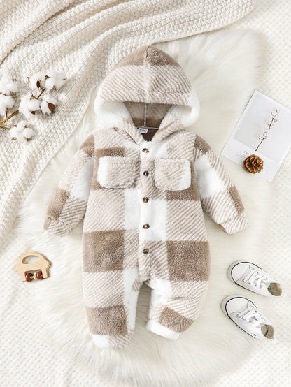 Barboteuse bébé à carreaux beige et blanc – matière peluche douce et chaude