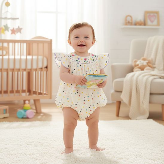 Barboteuse bébé fille à pois multicolores col brodé floral