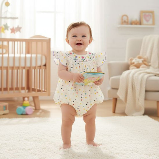 Barboteuse bébé fille à pois multicolores col brodé floral