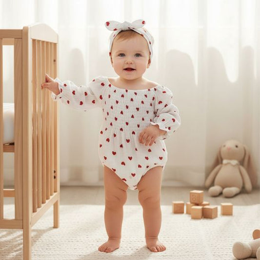 Barboteuse pour bébé fille à manches longues avec imprimé cœur