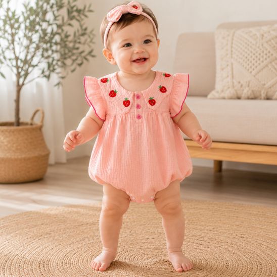 Bébé debout portant une barboteuse bébé fille en gaze coton avec broderie fraise