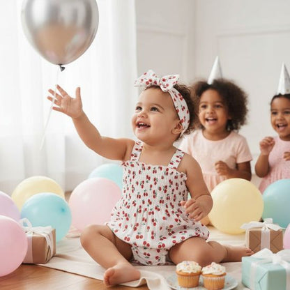 Barboteuse bébé fille cerises — bébé souriante entourée de ballons