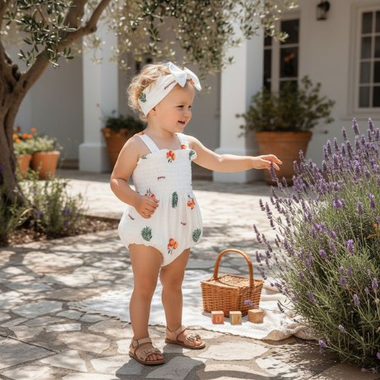 Barboteuse bébé fille imprimé arbres avec bandeau — petite fille dans un jardin