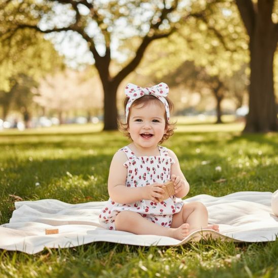 Barboteuse bébé fille cerises — bébé souriante assise sur une couverture au parc