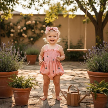 Barboteuse bébé fille imprimé carottes rose avec bandeau assorti