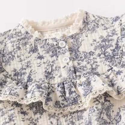 Barboteuse bébé fille imprimé floral vintage manches longues et volants dentelle