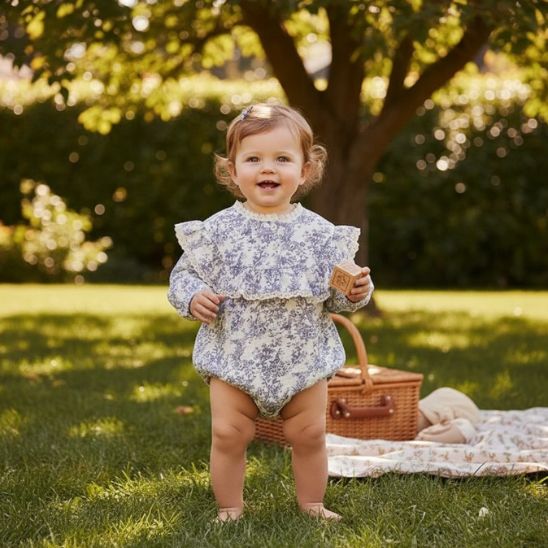 Barboteuse bébé fille floral vintage bleu bébé debout au parc avec panier pique-nique