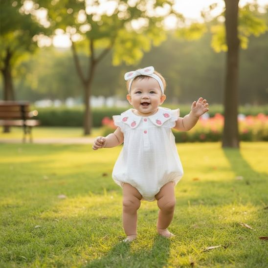 Barboteuse bébé fille gaze coton broderie fraise blanc bébé souriante au parc