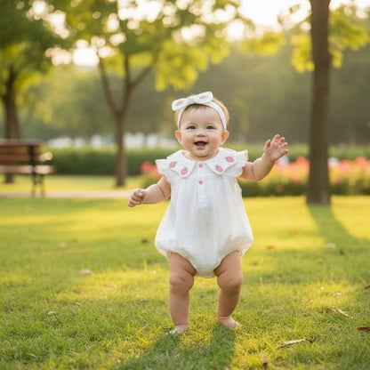 Barboteuse bébé fille gaze coton broderie fraise blanc bébé souriante au parc