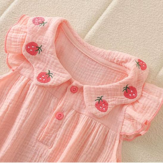 Barboteuse bébé fille gaze coton broderie fraise détail col orange