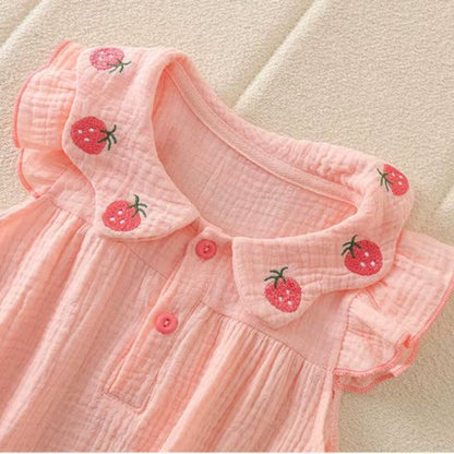 Barboteuse bébé fille gaze coton broderie fraise détail col orange