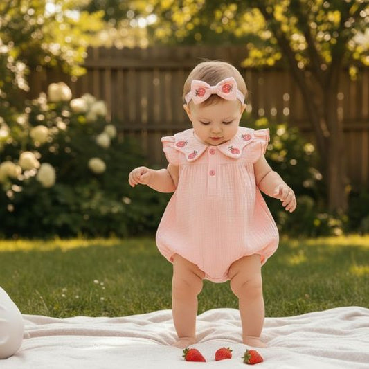 Barboteuse bébé fille gaze coton broderie fraise orange bébé premiers pas dans un jardin ensoleillé