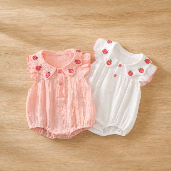 Barboteuse bébé fille gaze coton broderie fraise 2 couleurs orange et blanc