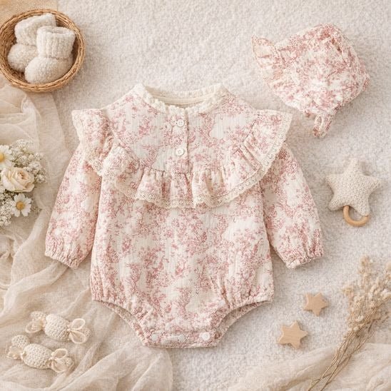 Barboteuse bébé fille imprimé floral vintage coloris rose sur fond crème