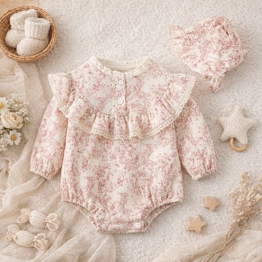 Barboteuse bébé fille imprimé floral vintage coloris rose sur fond crème