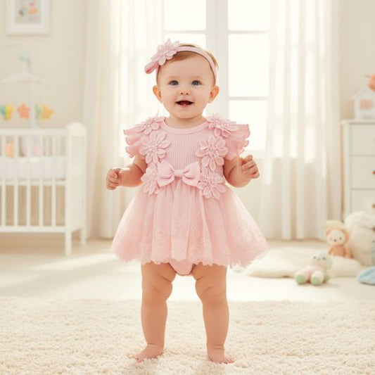 Barboteuse bébé fille princesse avec volants et dentelle en maille