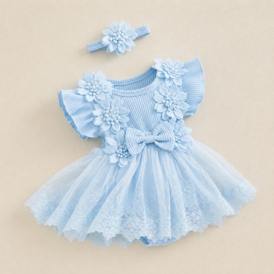 Barboteuse bébé fille princesse fleurs 3D dentelle bleu ciel avec bandeau assorti