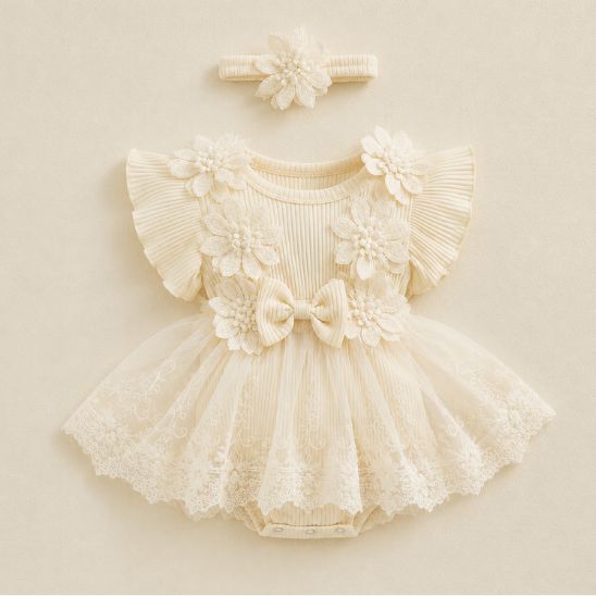 Barboteuse bébé fille princesse fleurs 3D dentelle beige avec bandeau assorti