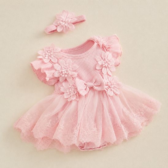 Barboteuse bébé fille princesse fleurs 3D dentelle rose avec bandeau assorti