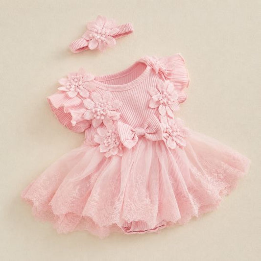 Barboteuse bébé fille princesse fleurs 3D dentelle rose avec bandeau assorti