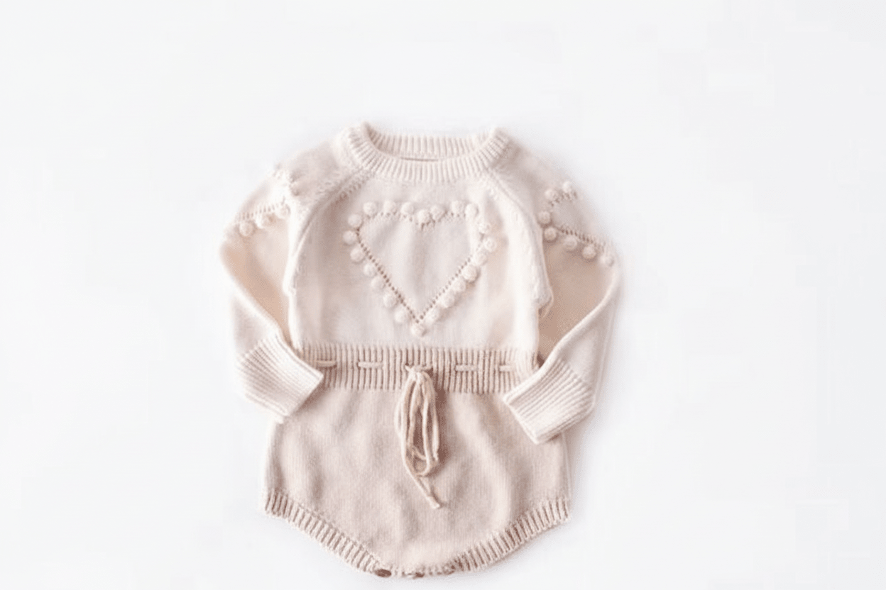 Détail cœur pompons barboteuse bébé fille tricotée