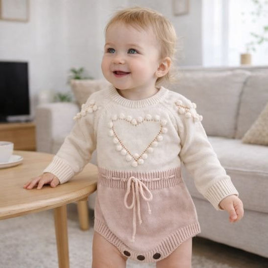 Barboteuse bébé fille tricotée bicolore beige et rose