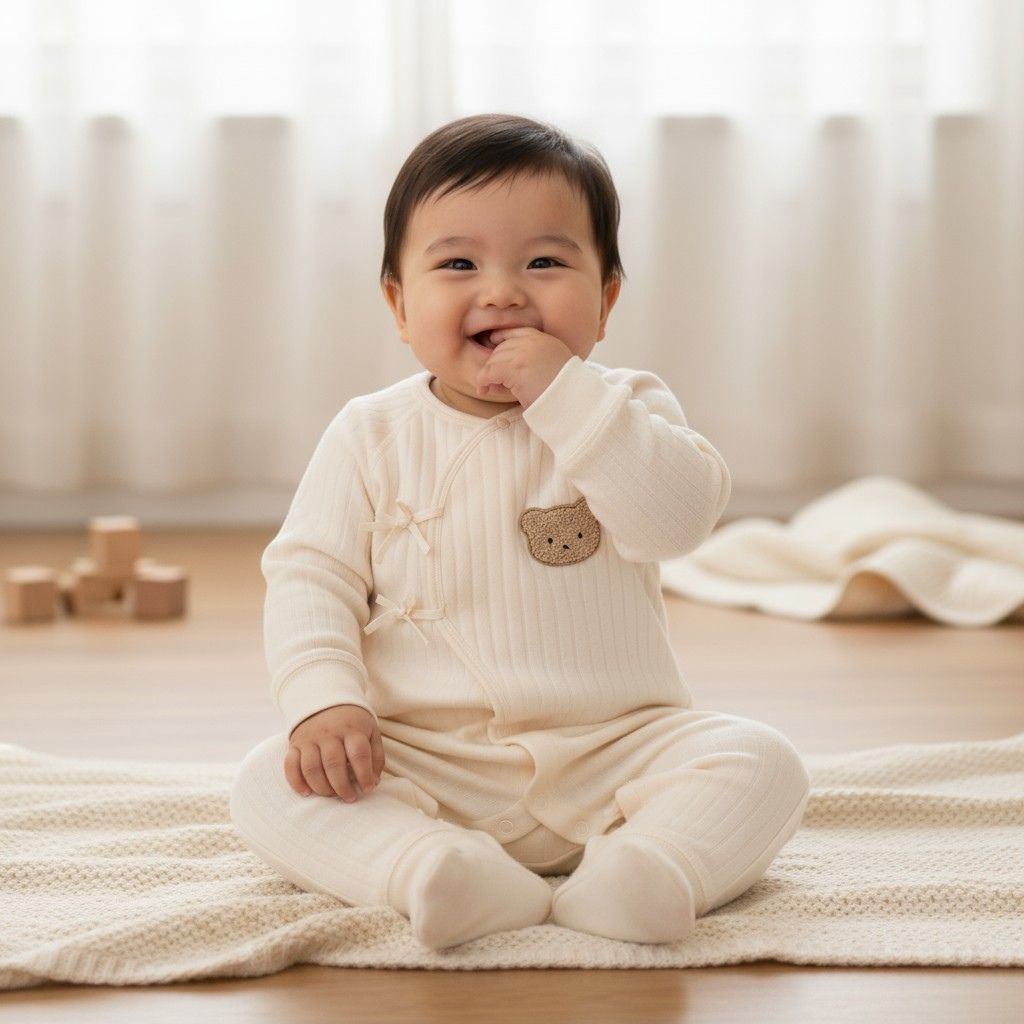 Barboteuse bébé unisexe beige en coton épais – motif ourson brodé