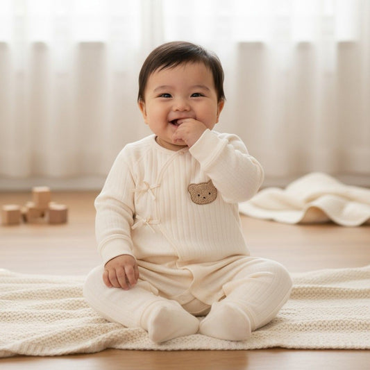 Barboteuse bébé unisexe beige en coton épais – motif ourson brodé