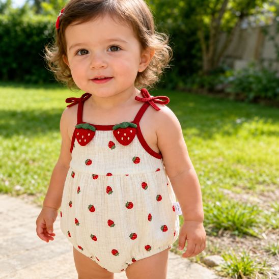 Barboteuse bloomer bébé fille en gaze de coton fraise portée en été dans le jardin
