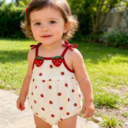 Barboteuse bloomer bébé fille en gaze de coton fraise portée en été dans le jardin