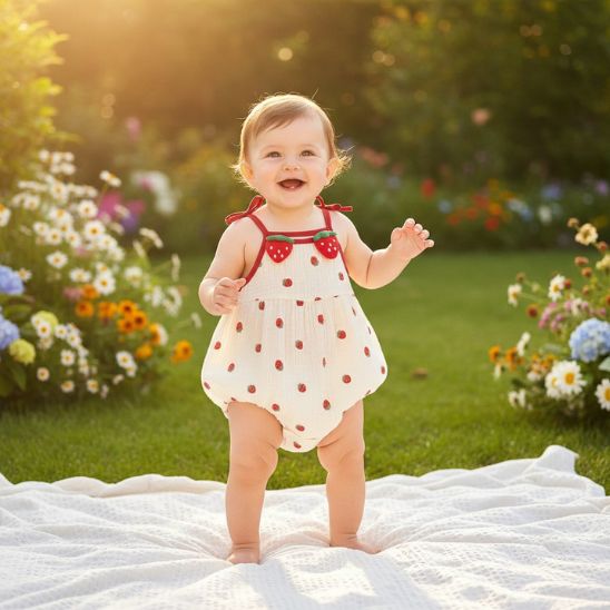 Barboteuse bloomer bébé fille gaze coton fraise bébé souriante jardin fleuri été
