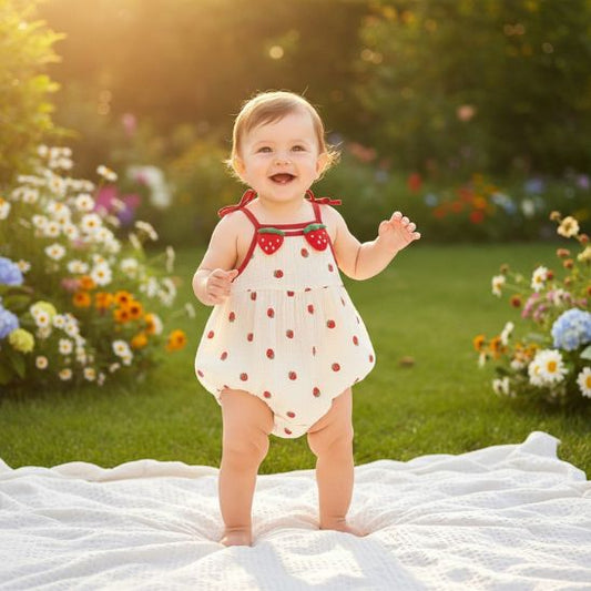 Barboteuse bloomer bébé fille gaze coton fraise bébé souriante jardin fleuri été